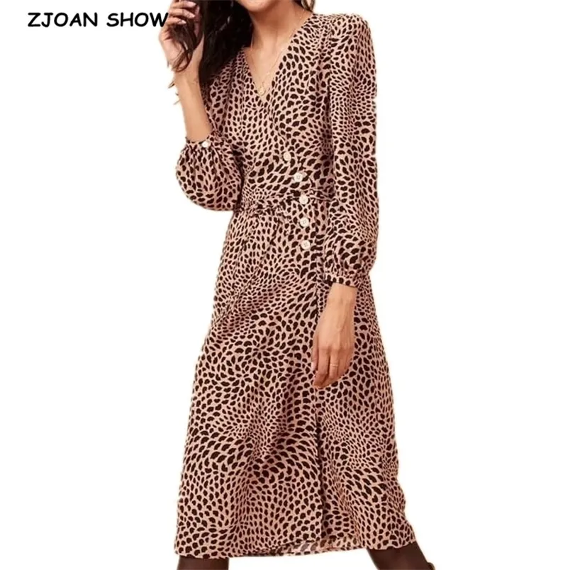 Fransk V Neck Front Slit Leopard Print Wrap Klänning Vintage Kvinna Bow Lacing Up Waist Kortärmad Tea Tea Dresses Vestido 210429