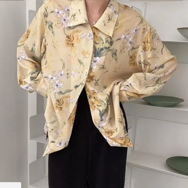 Yellow Office Lady Florals Chiffon Casual Streetwear Tops Loose All Match Gentle Chic Shirts Blouses 210421