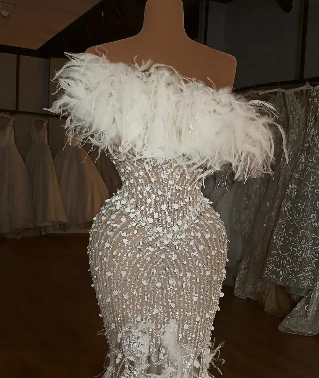slim fit dress slacks White Glitter Print Off Shoulder Feather Gown by Juliet 2402W M / Off White main image 0