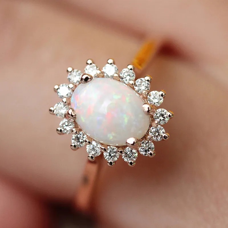 Rings For Women Egg-Shaped Opal & CZ Rose Gold Color Wedding Engagement Ring Fashion Jewelry For Gift KCR237