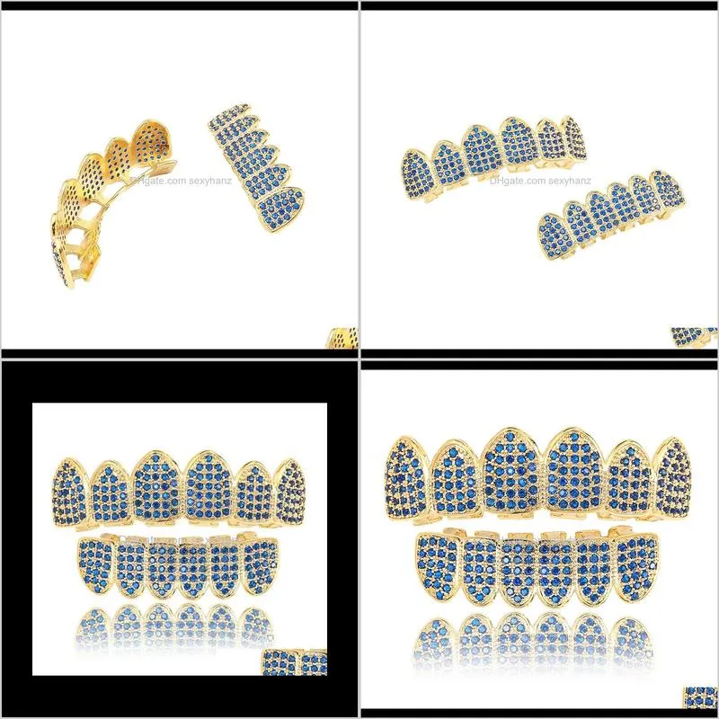 hip hop teeth grillz blue zircon micro zircon golden braces full diamond braces hot selling in europe and america