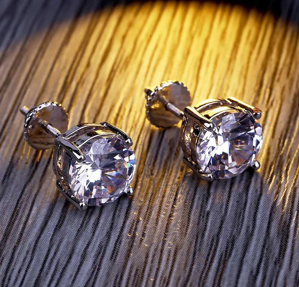 18k gold hip hop iced out cz zirconia round stud earrings 0.4 0.6 0.8cm for men and women diamond earrings studs rock rapper jewelry