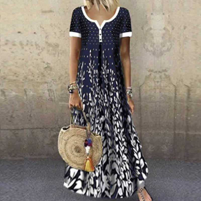 Summer Casual Women's Print Short Sleeve Long Dress with Short Sleeves and V-Neck for Beach and Casual Wear - Loose Fit Vestidos in Plus Size Q