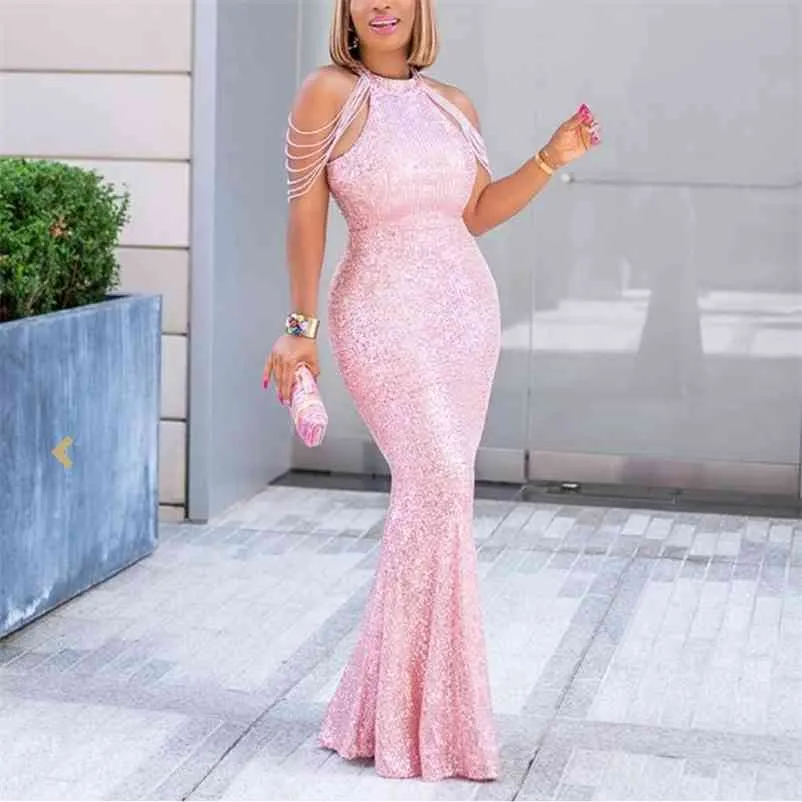 African Sequined Dresses Evening Floor Length Pink High Waist Mermaid Elegant Luxury for Wedding Party Night Dinner Long Dress 210510