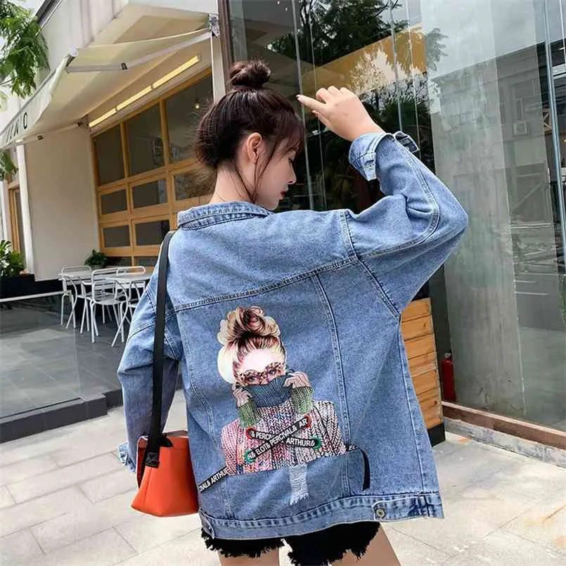 Automne femmes Denim veste jean manteau imprimé Chic Harajuku effiloché perlé court décontracté lâche printemps dames 210914