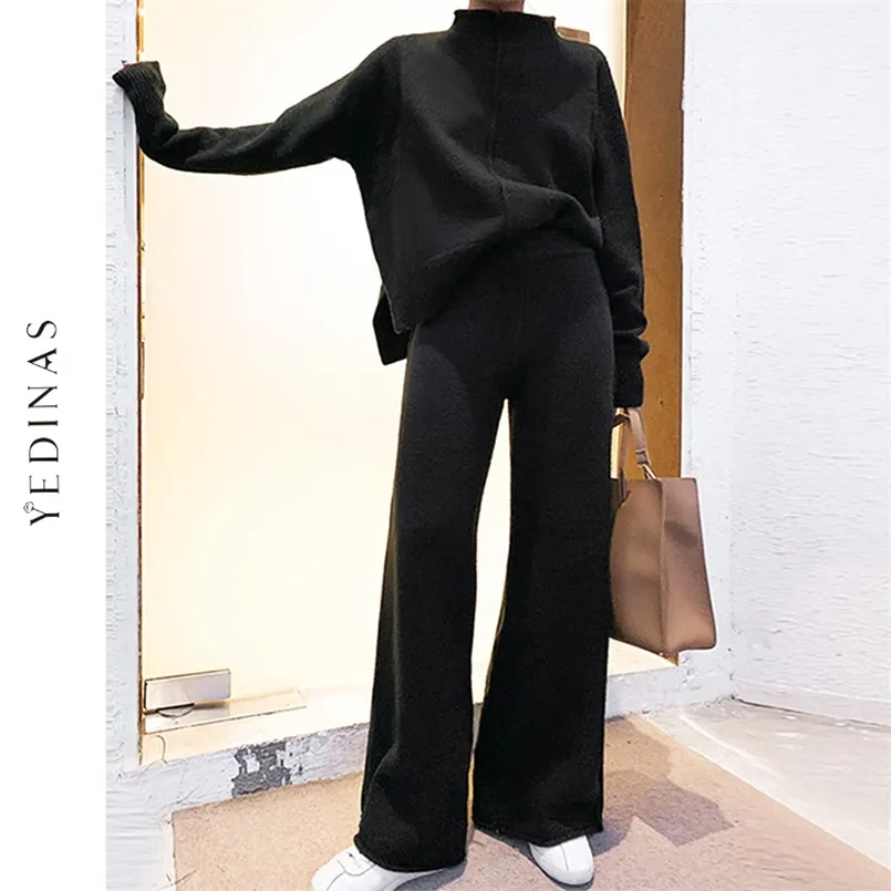 Yedinas Zwei stück Set Top und Hosen Winter Koreanische Frauen Trainingsanzug Set gestrickt casual 2 stück Sets Kleidung Damen Outfits 210819