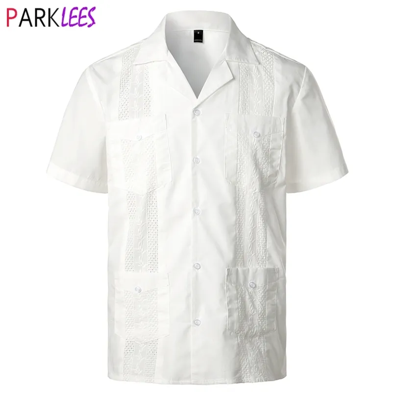 Blanc Cubain Camp Guayabera Chemise Hommes Élégant Brodé Tissé Boutonné Chemises Hommes Mexicain Caraïbes Style Plage 2XL 210809