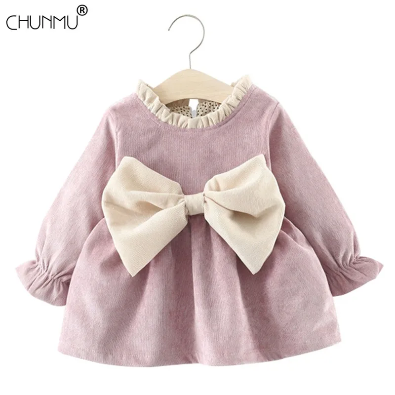 Herbst Casual Kleider für Baby Mädchen Solide Langarm Big Bow Infant Party Kinder geboren Geburtstag 210508