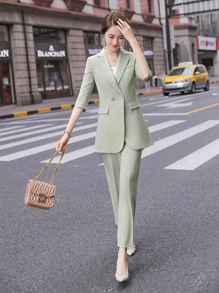 Green Apricot Pink Casual Two Pieces Set Women Pant Suit Size S 5XL Half  Sleeve Long Blazer Coat With For Girl Womens Piece Pants From Deggdenim,  $43.19