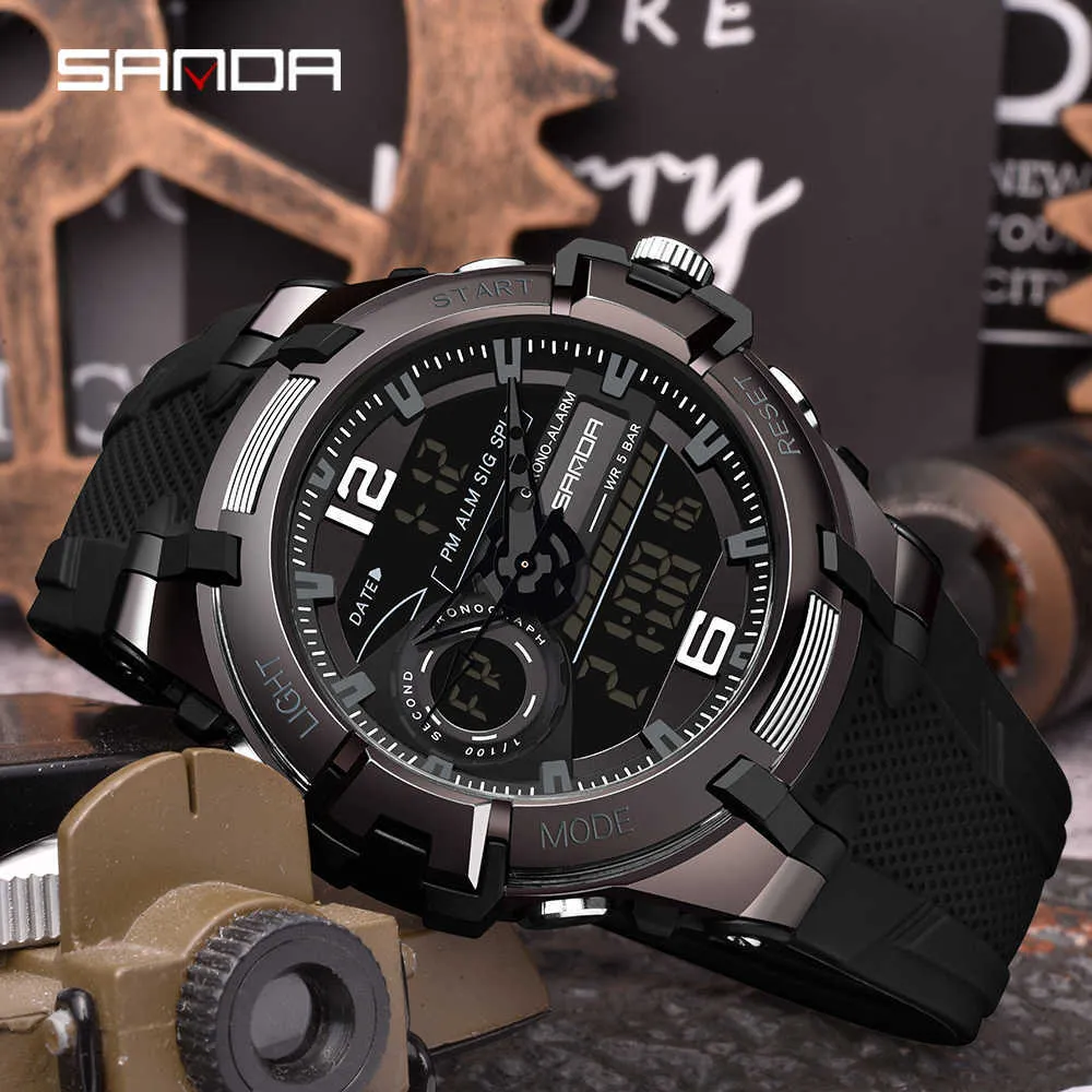 SANDA Top Merk Dual Display Polshorloge Mannen Horloges Mannelijke Klok Militaire Sport Horloge Outdoor Waterdicht Relogio masculino G1022