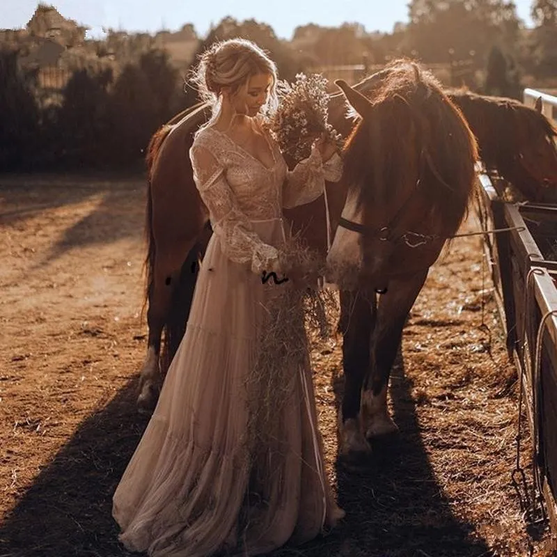 Vestidos de novia románticos del oeste del país Vestidos de novia bohemios de encaje Gitana de manga larga Llamativo estilo hippie Una línea Abiti da spos266y