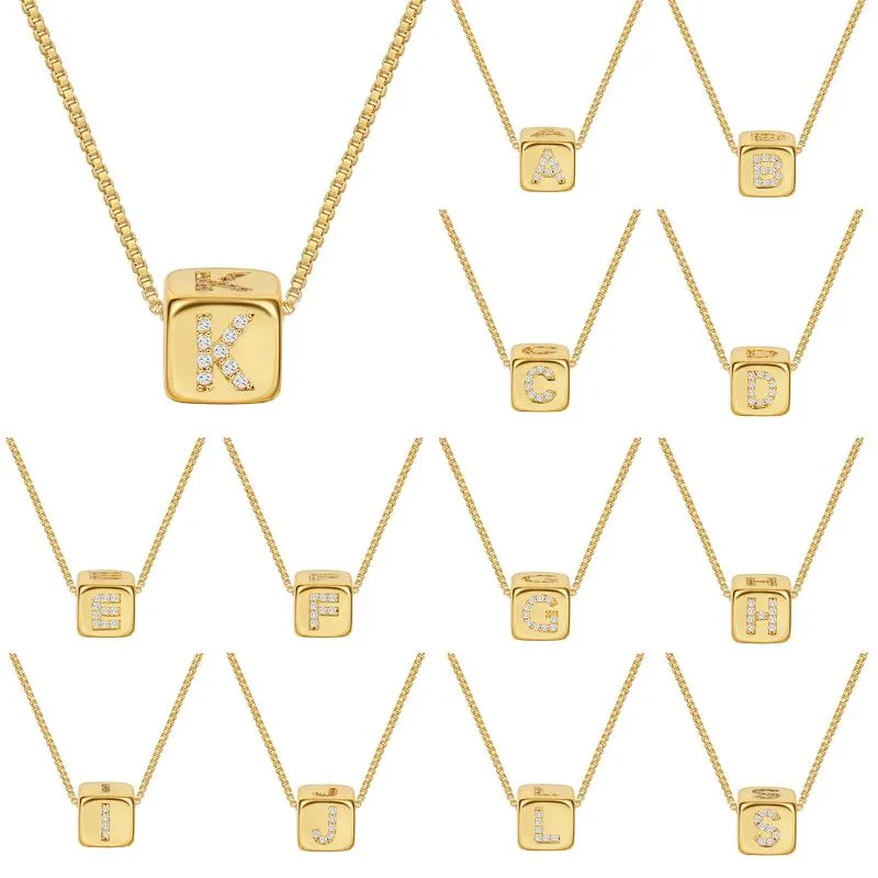 Pendant Necklaces Family 26 Initial Letter Name Necklace Charm Gold Chain Geometric Copper Cube CZ Zircon Pendants Jewelry Birthday Gift