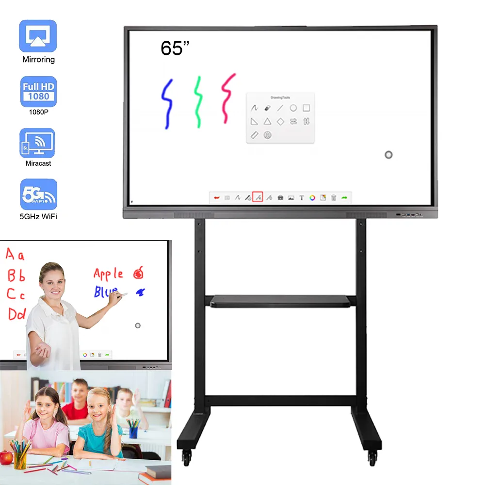 Soulaca 65 inches interaktiv Smart Electronics Whiteboard för utbildning och undervisningsrum Full HD Flat LED-skärmpanel med rullande stativ