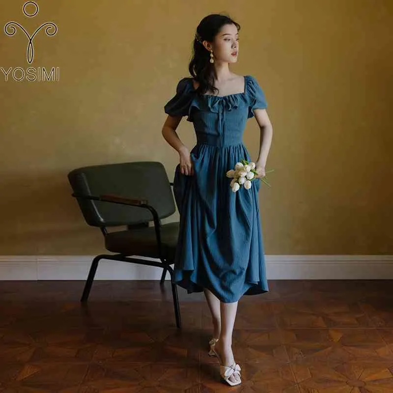 Yosimi Blue Długie Kobiety Sukienka Vintage Lato Z Krótkim Rękawem A-Line Mid-Calf Ruffles Kwadratowy Neck Party Dresses Midi 210604