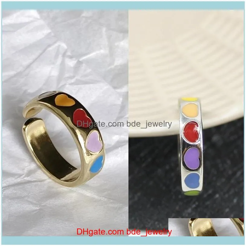 Wedding Rings 2Pcs Bohemian Rainbow Heart Shaped Open Ring Kit Elastic Pearls Finger Rin 066C