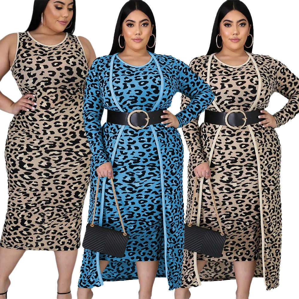 CM.yaya Plus Size XL-4XL Leopard Drukuj damski zestaw z długim rękawem Long Cloak Tops Bodycon Midi Sukienka Dwa kawałek pasujące stroje 210708