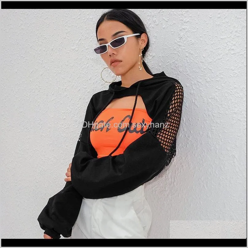 women club party long sleeve knitted sexy fish net hoodie crop tops hollow out womens sweater