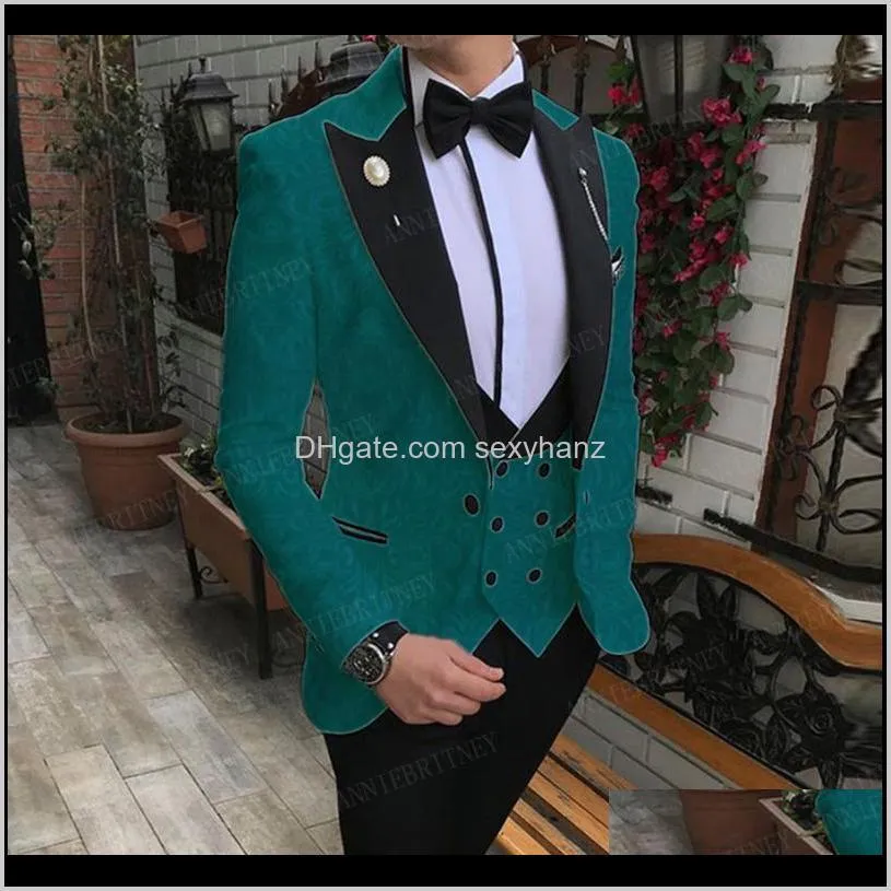 2020 navy blue jacquard mens suits 3 pieces slim fit business blazer groom wedding tuxedo jacket double breasted vest with pants1