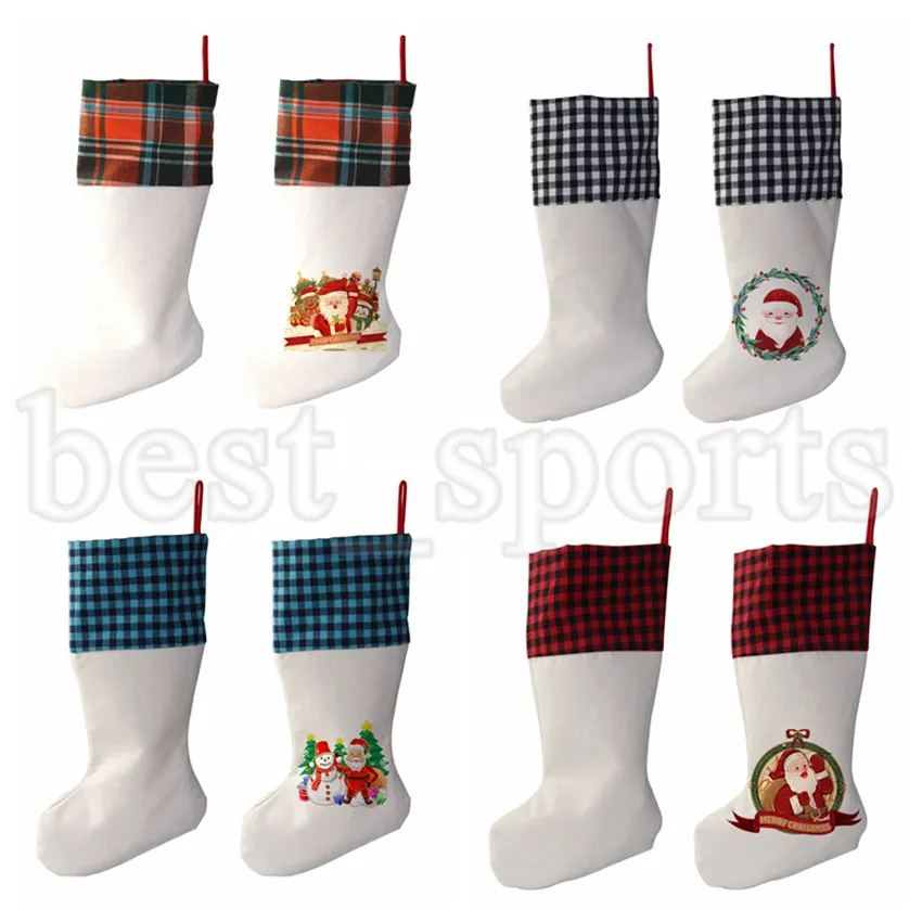 Sublimation Buffalo Plaid Julstrumpor 4 Färger Blank Halloween Candy Socks Santa Presentväska Xmas Träd Oranment Dekorationer Cyz3282