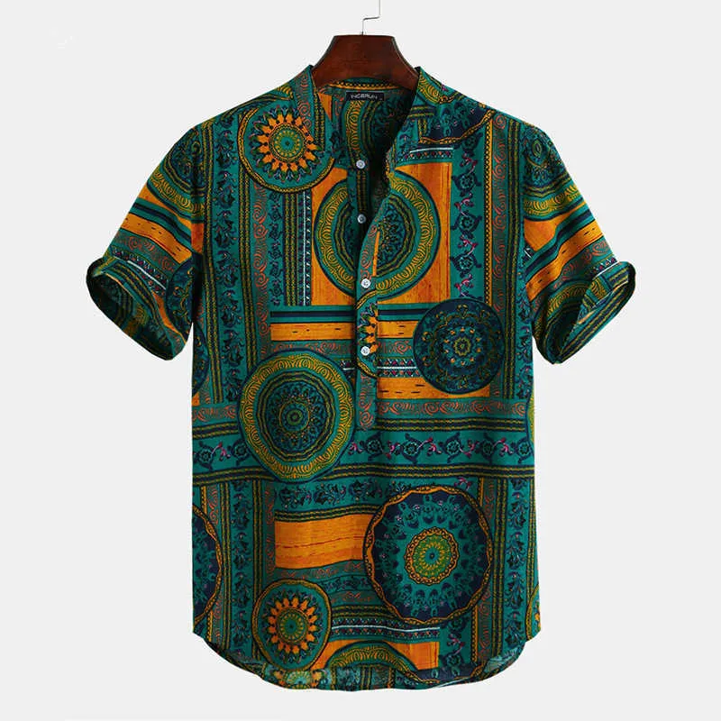 メンズフローラルトロピカル印刷コットンリネンシャツ半袖緩い民族スタイル通気性カジュアルハーフボタンシャツ210527