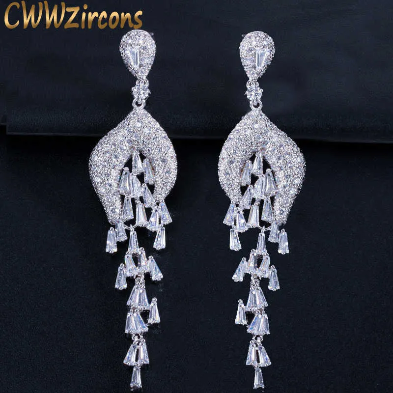 Tassel Style Micro Cubic Cyrkonia utwardzona Długa Dangle Evening Party Kolczyki Dla Kobiet Biżuteria Ślubna Cz239 210714