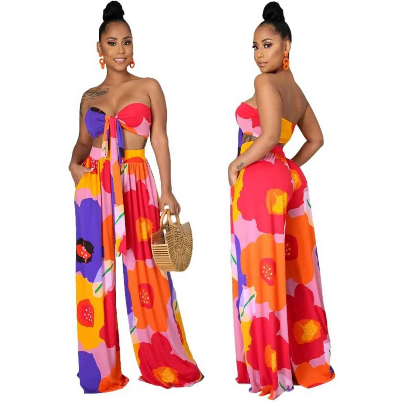 S-XL Pantsuit Ladies Backless Top + Bust Pants 2 Piece Fashion Print Loose Dashiki Sexy 2 Piece Set 2021 Summer Casual New