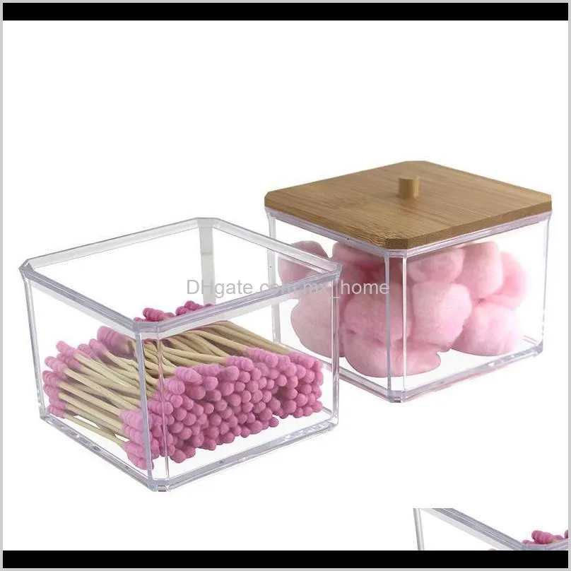 transparent organizer cotton swab storage box organizador acrylic +wood pad cosmetic plastic bathroom boxes & bins