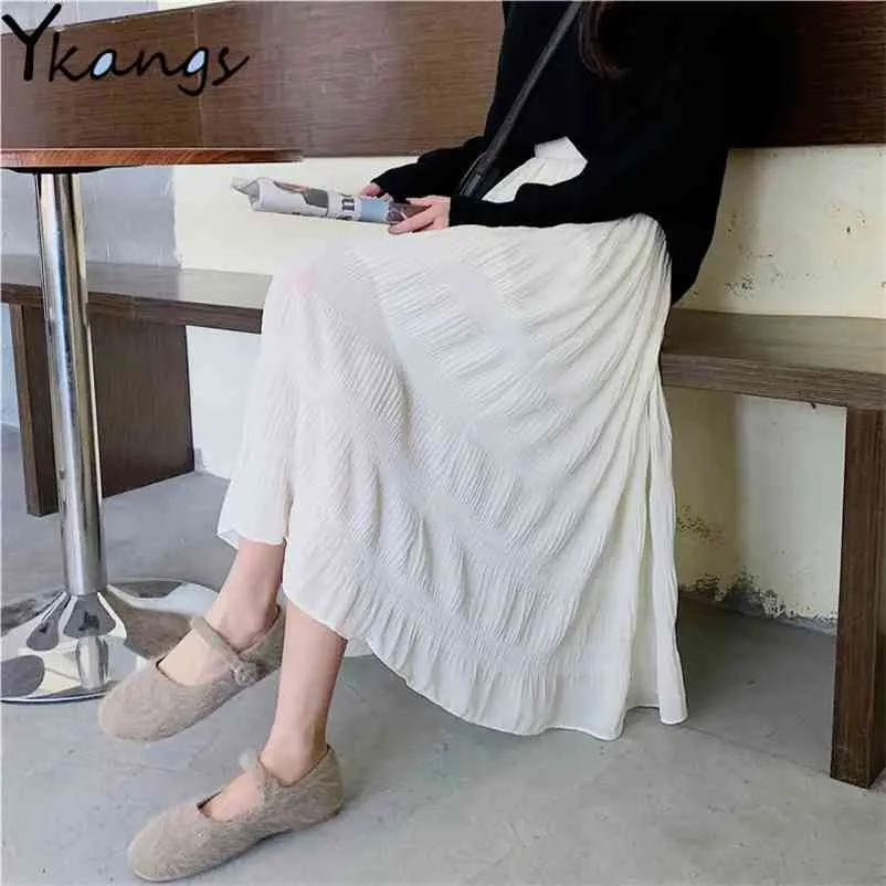 Vrouwen Solid Ruffle Mesh Frans Elegant Chic Spring Casual Simple Long Rok White Harajuku All-Match Black Plooited Rokken 210421