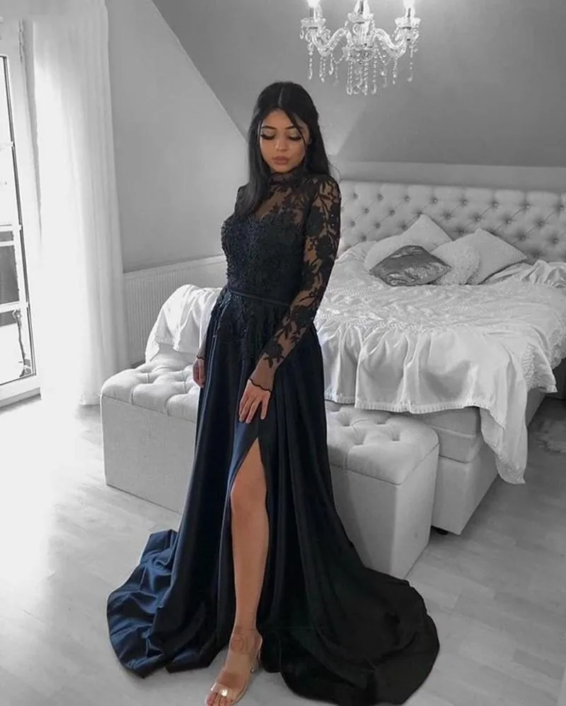 Designer Black Long Sleeves Prom Dresses Illusion Formal Evening Gowns A Line High Collar side Split Satin Sexy Party Dress Lady Gown Robe Soiré