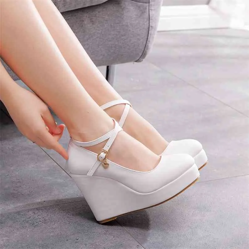 Crystal Queen White Platform Wedges Pumps Women High Heels Shoes Round Toe Cross Ankle-Strap Large Sizes 210910