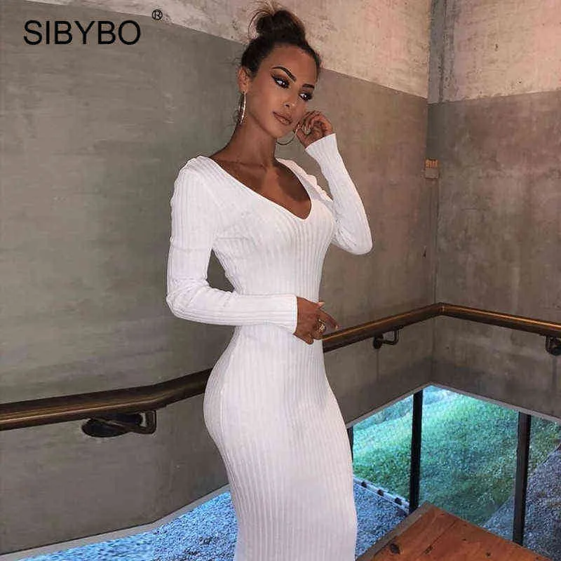 Sibybo Winter Ribbed Gebreide Katoenen Jurk Dames Off Schouder Lange Mouw Sexy Bodycon Jurken Elastische Slanke Partij Vestidos 2021 G1214