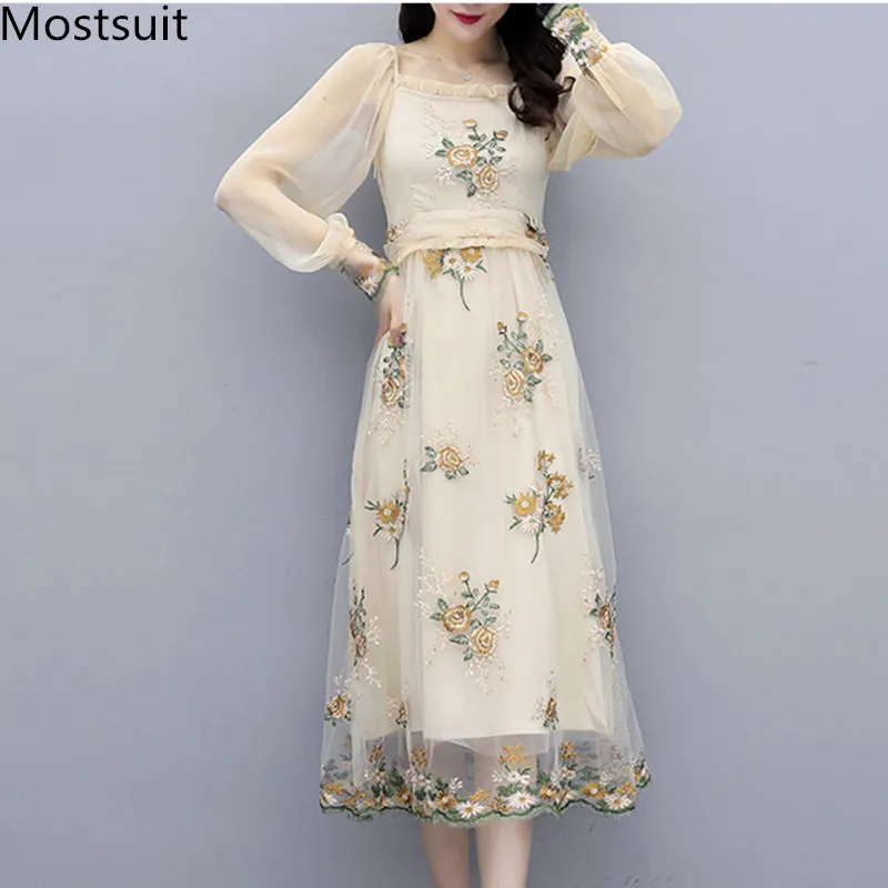 Vintage Floral Embroidery Long Dress for Women with Full Sleeves and  O-Neck, Mid-Calf Length, Chiffon Material from Dhgate Basic & Casual Dresses  - price 68.6