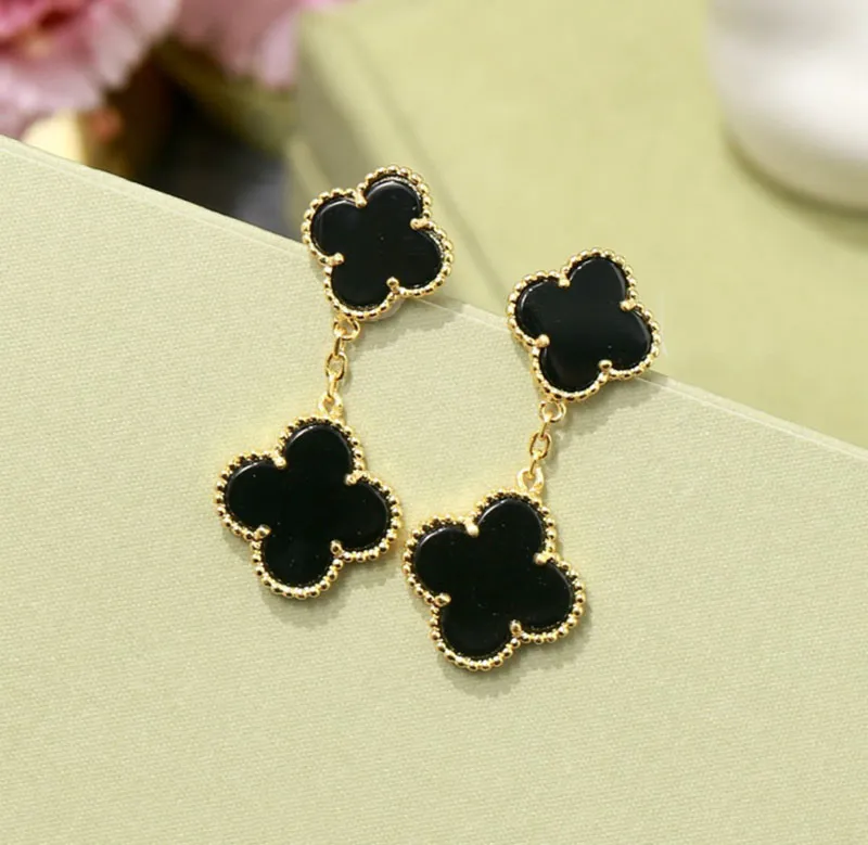 Classic Brand Four Leaf Flower Shells Two Flowers Stud Earrings for Women Black Red Green Pearl,Mother-of-Pearl Clover S925 Jewelry GIrl
