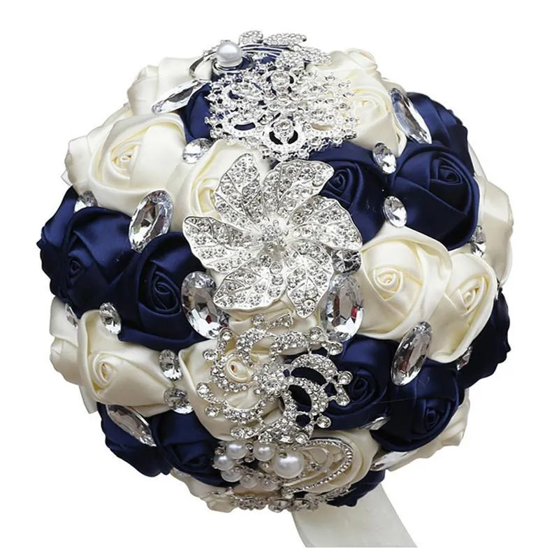 Ghirlande di fiori decorativi Serie blu navy Bouquet da sposa elegante Perla Sposa Damigella d'onore Cristallo scintillante B03