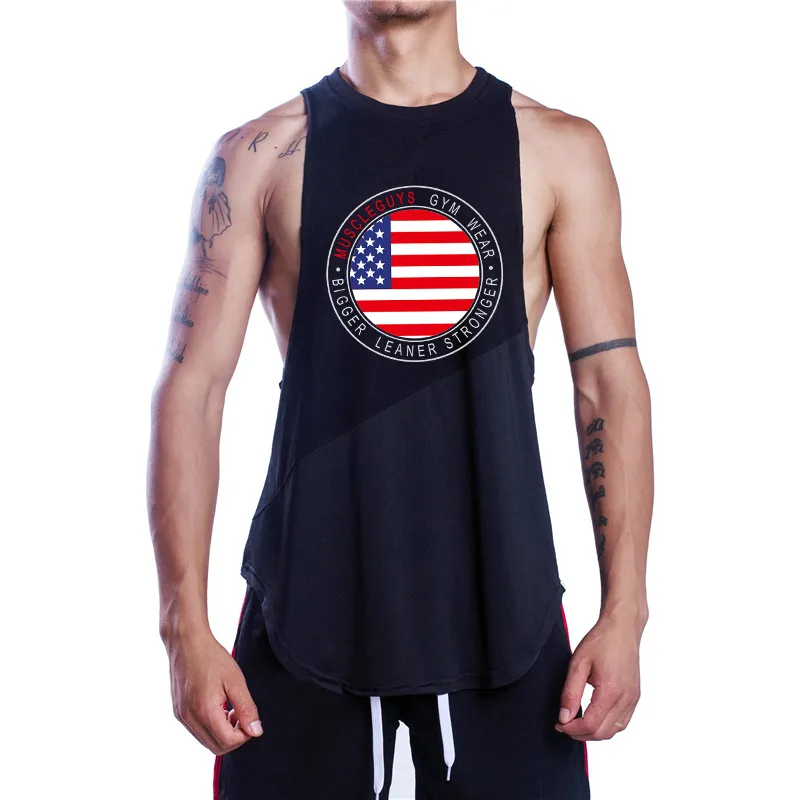 Muscleguys Brand Bodybuilding Ärmlös T-shirts Mens Fitness Stringer Tank Toppar Sportkläder Vest Bomull + Mesh Gymkläder 210421