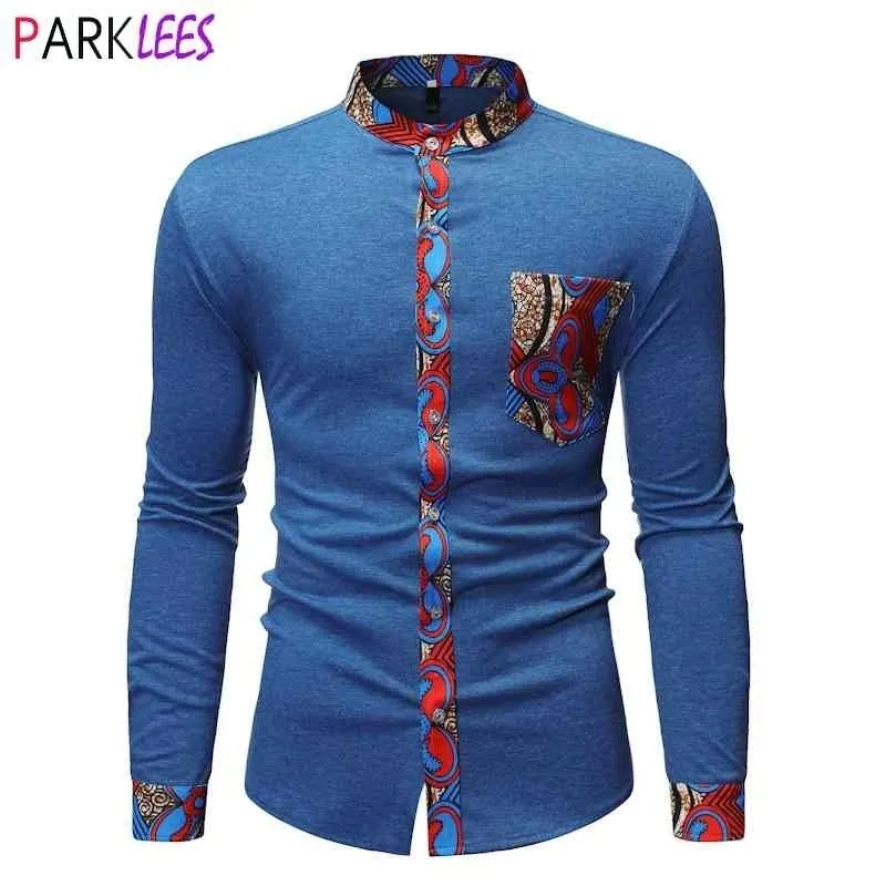 Élégant africain Dashiki Patchwork chemise hommes marque à manches longues col Nehru hommes chemises habillées Afica vêtements traditionnels 210522