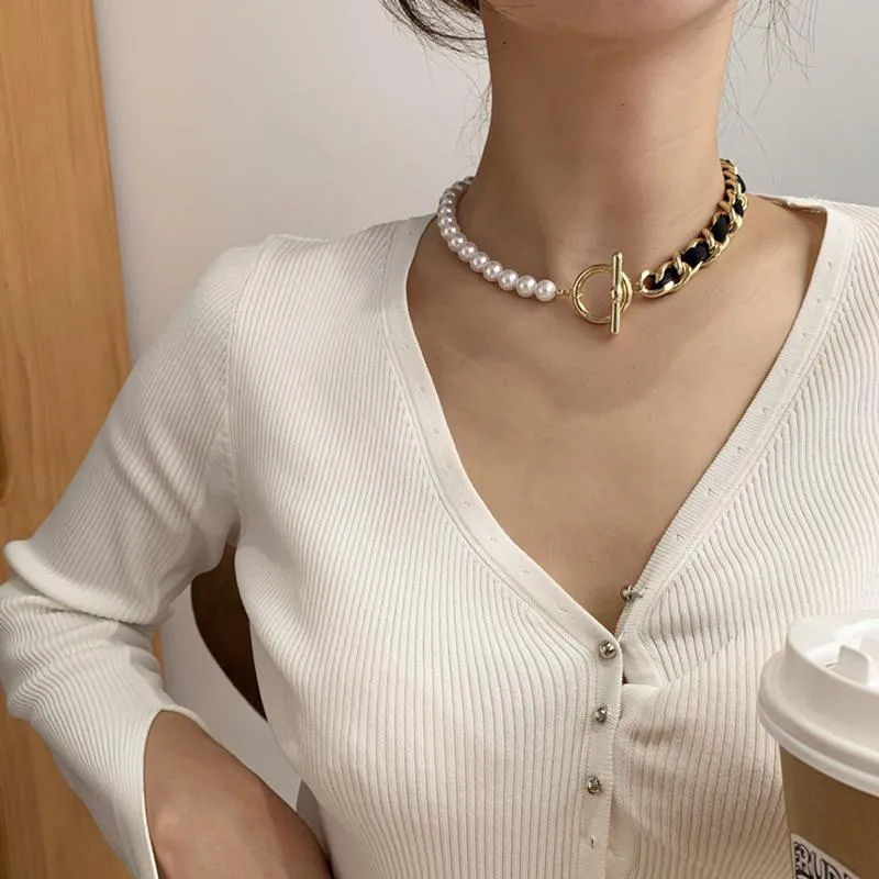 Chokers Amorcome moda barroca colar de cadeia de pérolas femininas colarinho punk alteração de jóias de jóias de suéter de gargantilha 2021