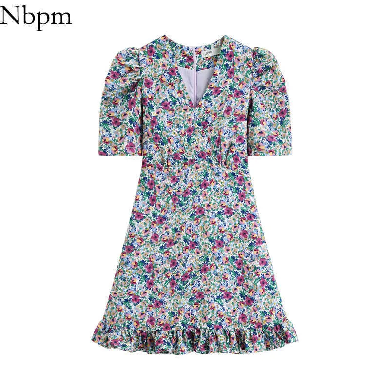 Nbpm Femmes Mode Sexy Avec Col En V Élégant À Manches Courtes Mini Robe Vintage Imprimé Floral Plissé Robes Mujer Printemps 210529