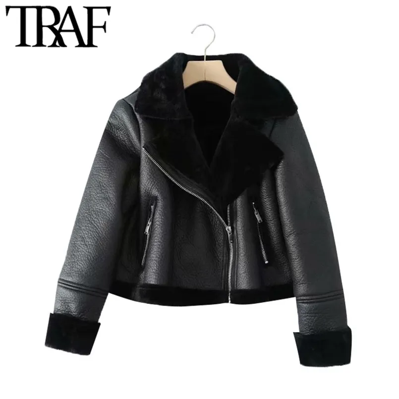 TRAF Women Fashion Thick Warm Winter Fur Faux Leather Cropped Jacket Coat Vintage Long Sleeve Female Outerwear Chic Tops 210914