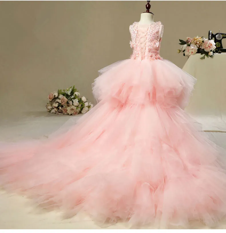 Flower Girl per matrimoni eleganti lunghe applicazioni finali Primo abito di comunione santa in tulle rosa Girls Abito da concorso 403 403