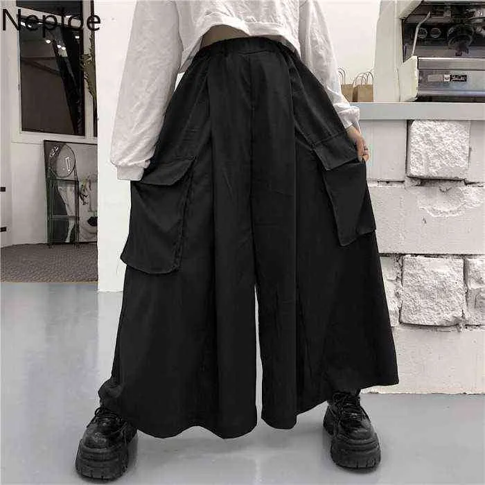 Neploe Japanese Black Pants Pockets Causal Pant Vintage Women Men Loose Wide Leg Trousers Stretch High Waist Straight 211124