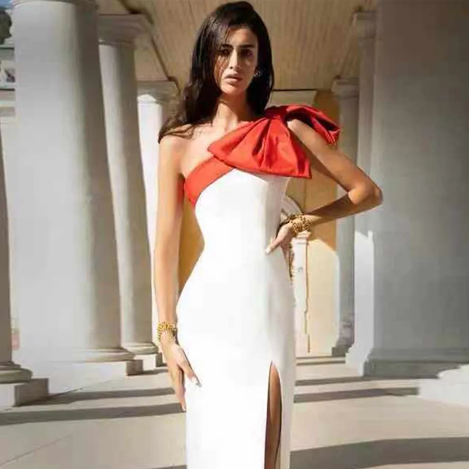 Summer Women One Shoulder White Midi Bodycon Bandage Dress Sexy Sleeveless Bow Evening Club Party Ladies Dresses 210423