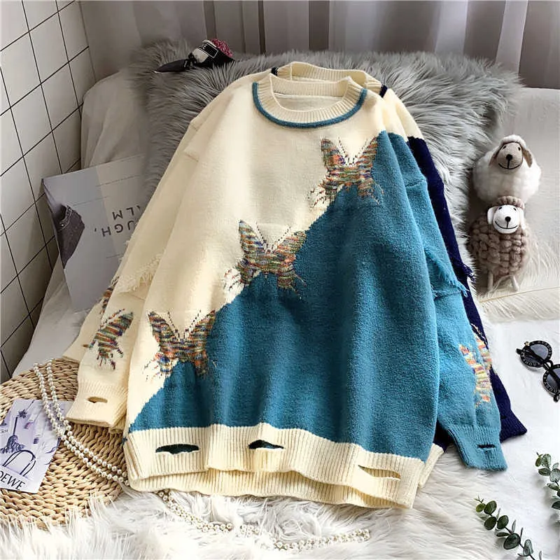 H.SA Winter Patchwork Pullover und Pullover Langarm Sterne bedruckte Pullover Schicke Streetwear Lochpullover Butterfly Pull 210716