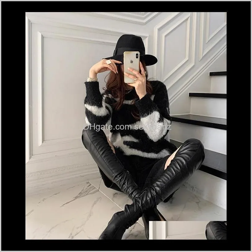 korea chic autumn winter round neck black and white color matching hair warmth loose long sleeve vintage sweater women
