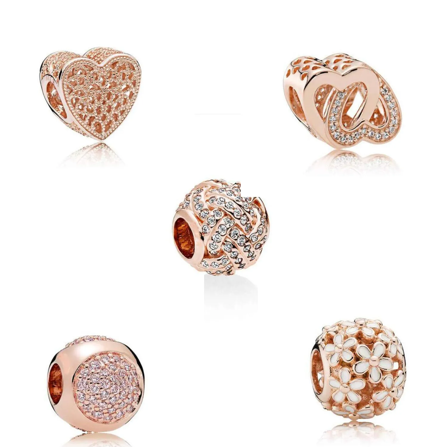 S925 Sterling Silver DIY Charms Pärlor Passar Charm för Pandora Style Armband och European Rose Gold BraceletCollier Kvinnor Smycken