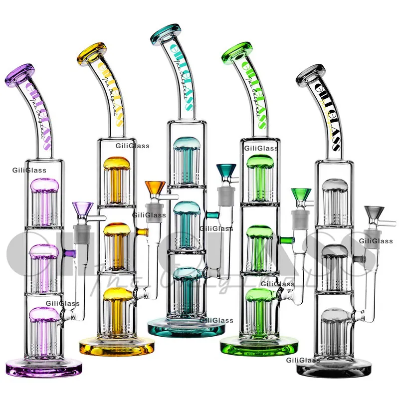 Triple Tree Perc Bong Dab Rig Glass Bongs Oil Rigs Water Pipe 15.5" Tall filter smoking pipes with bowl quartz banger Awesome Heady bongs