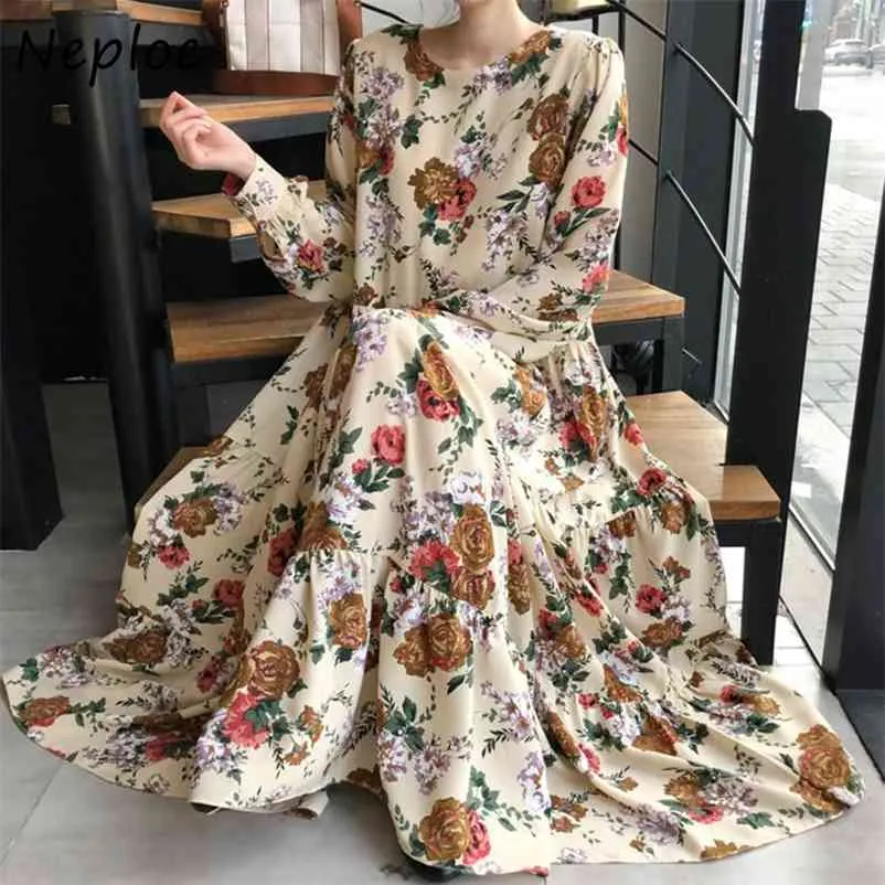 Vintage Print Loose Long Dress Women High Waist Hip A Line Vestidos O Neck Sleeve Temperament Cobe Spring 210422