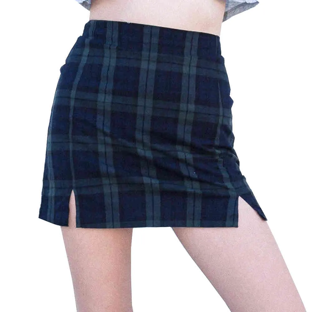 Streetwear Slim Tartan Green Harajuku Plaid Kjolar Kvinnor Hög midja Split Kort Kjol Sexig Kvinnor A-Line Mini Skirt Za 210510