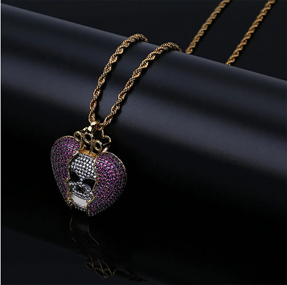 Collier avec pendentif en forme de crâne glacé, squelette violet, jus de cœur, Wrld, Micro pavé cubique en Zircon, hip hop, bijoux à la mode, 301z, 14K