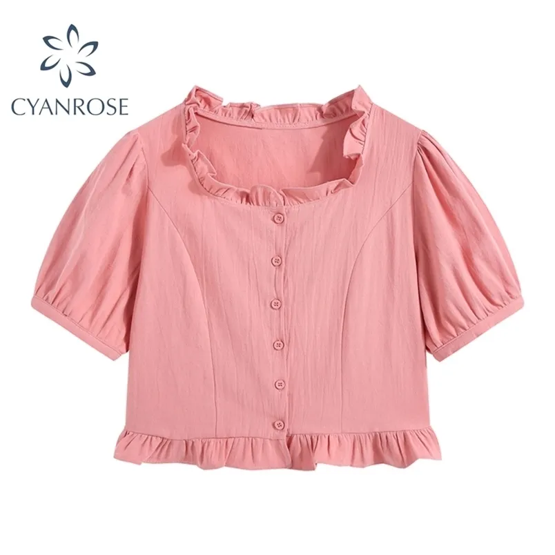 Sommer Rüschen Design Strickjacke Bluse Frauen Rosa Puff Kurzarm Retro Süße Crop Shirts Tops Koreanische Stilvolle E-Girl Slim Blusas 210515